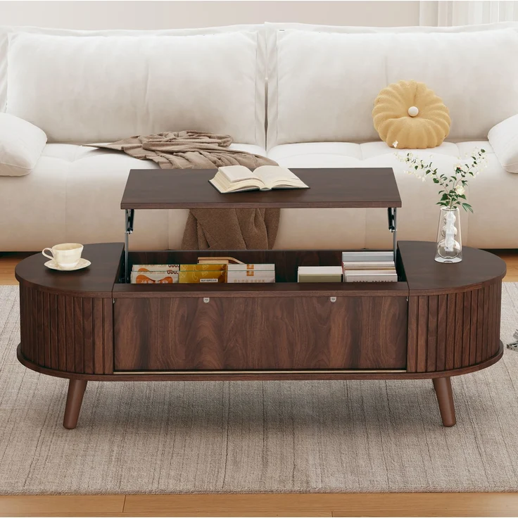 Couchtisch 120x50x39,5 cm, höhenverstellbar, mit verstecktem Stauraum, Nussbaum, MDF – Bild 3