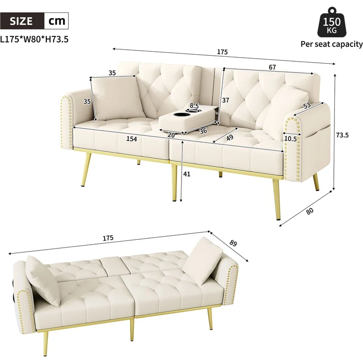 Schlafsofa mit 3-fach verstellbarer Rückenlehne und Getränkehalter, Velours, 175x80x73,5 cm, Beige – Bild 10