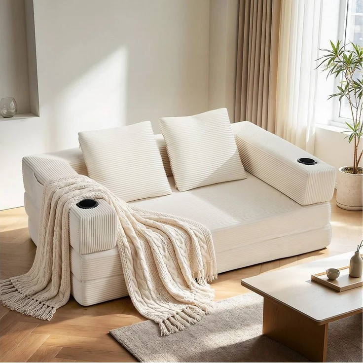 oyajia Schlafsofa Sofa mit Schlaffunktion aus Cord, umwandelbar zum Schlafsofa/-Sessel, Beige, Cordsofa 150 cm breit, 2 Sitzer, kein Aufbau erforderlich, vakuumiert, Boneless Couch, Klappsofabett für Wohn/Arbeits/Schlafzimmer – Bild 1