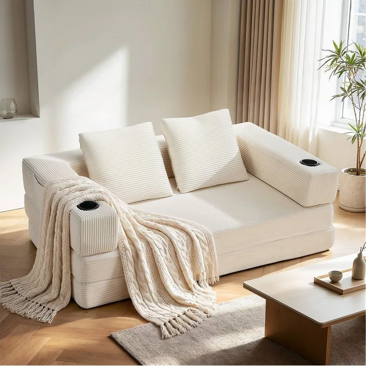 oyajia Schlafsofa Sofa mit Schlaffunktion aus Cord, umwandelbar zum Schlafsofa/-Sessel, Beige, Cordsofa 150 cm breit, 2 Sitzer, kein Aufbau erforderlich, vakuumiert, Boneless Couch, Klappsofabett für Wohn/Arbeits/Schlafzimmer