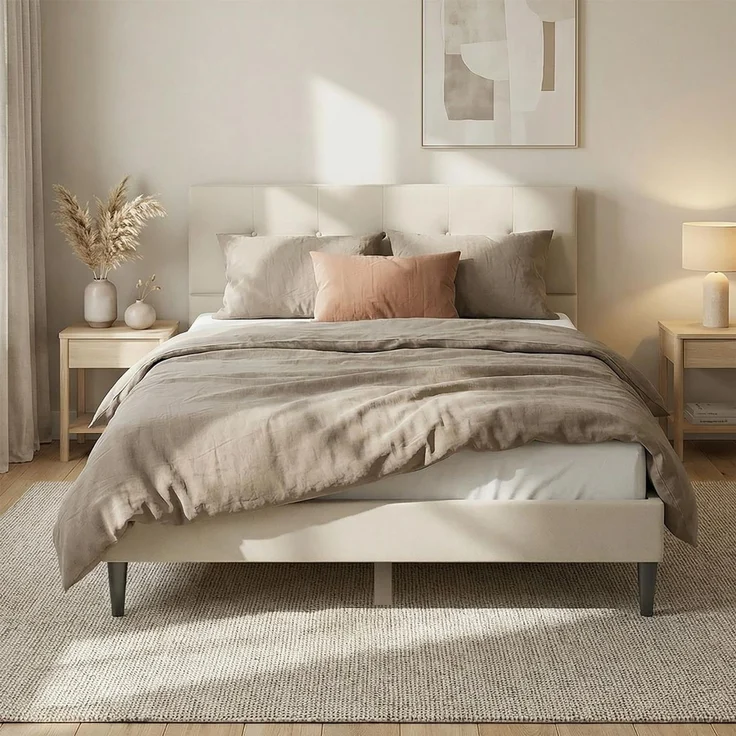 Polsterbett 140x200 cm Beige Doppelbett mit Lattenrost Stoffbett Bett Bettgestell – Bild 8