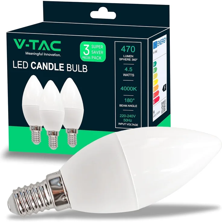 V-TAC 3x LED Glühbirne E14 Kerze - 4,5W (entspricht 40W) Kerzenlampe - 3er Pack - 470Lumen - Kerze Lampe - LED Glühlampen - Energiesparlampe - Licht 4000K Neutralweiß, Kaltweiß