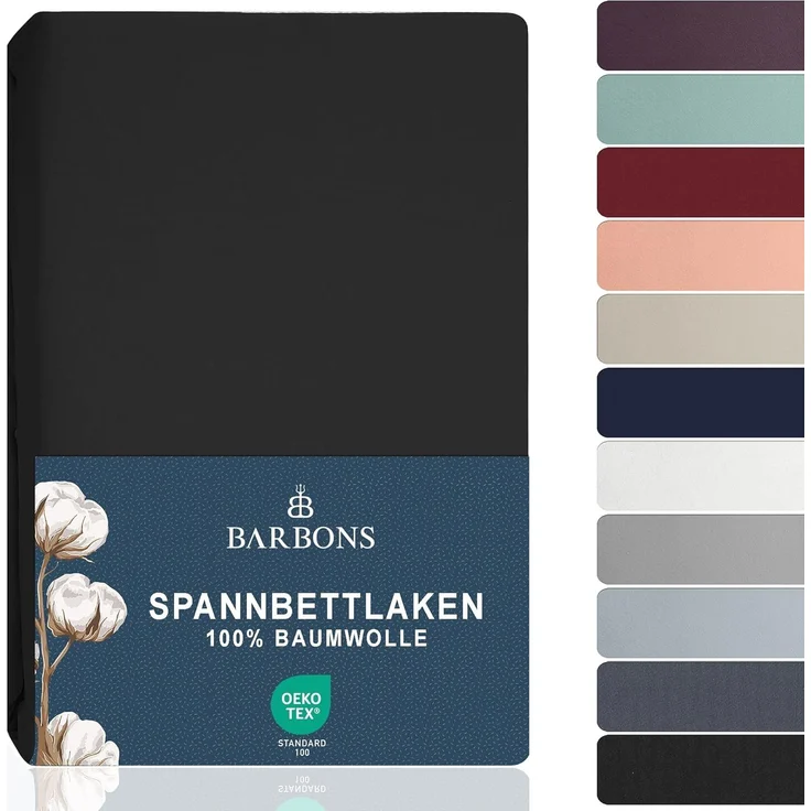 BARBONS Spannbettlaken 90x200 cm - 100% Baumwolle Spannbetttuch Oeko-TEX Zertifiziert Bettlaken Jersey Bettwaren und Bettbezug für Boxspringbett und Dicke Matratzen bis 27 cm - Schwarz 90x200 – Bild 1