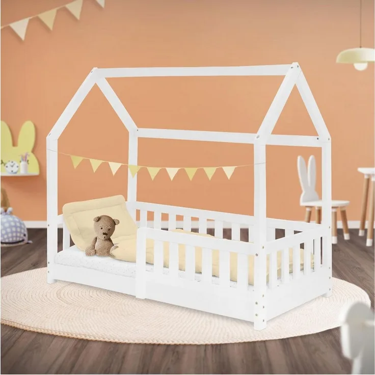 ML-DESIGN Kinderbett Hausbett Spielbett inkl. Lattenrost kreativ Bodenbett für Kinder, Abenteuerbett mit Rausfallschutz Spielbett Kiefer Weiß Himmelbett