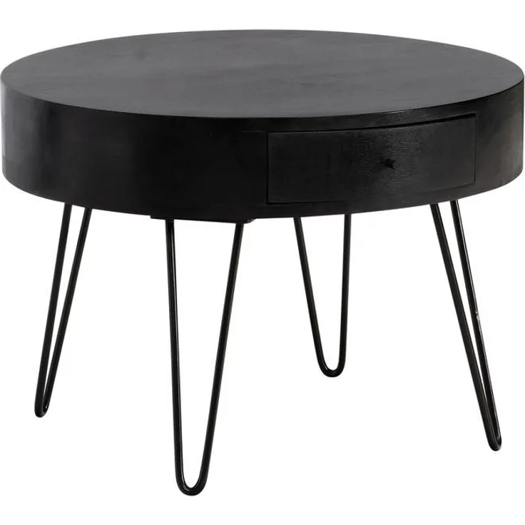 MID.YOU Couchtisch Rund, Schwarz, Metall und massives Mangoholz, mit 1 Schublade, 60x43x60 cm, einfacher Aufbau, Stauraum
