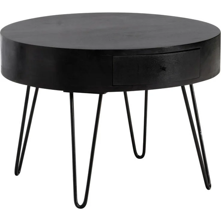 MID.YOU Couchtisch Rund, Schwarz, Metall und massives Mangoholz, mit 1 Schublade, 60x43x60 cm, einfacher Aufbau, Stauraum
