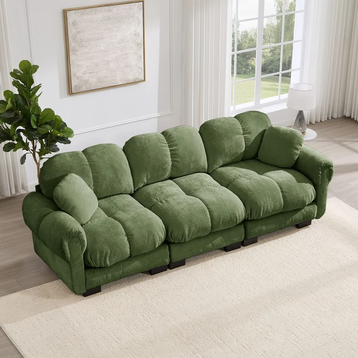 Wohnora-3-Sitzer Cloud-Sofa,inklusive 2 kleinen Dekokissen,Feines Steppdesign,Dicke Sitzkissen,Weich und Stützend,Ergonomisch geformte Rückenlehne,Einfach Aufzubauen,geeignet für das Wohnzimmer,grün,H 90cm x T 260cm x B 86cm – Bild 3