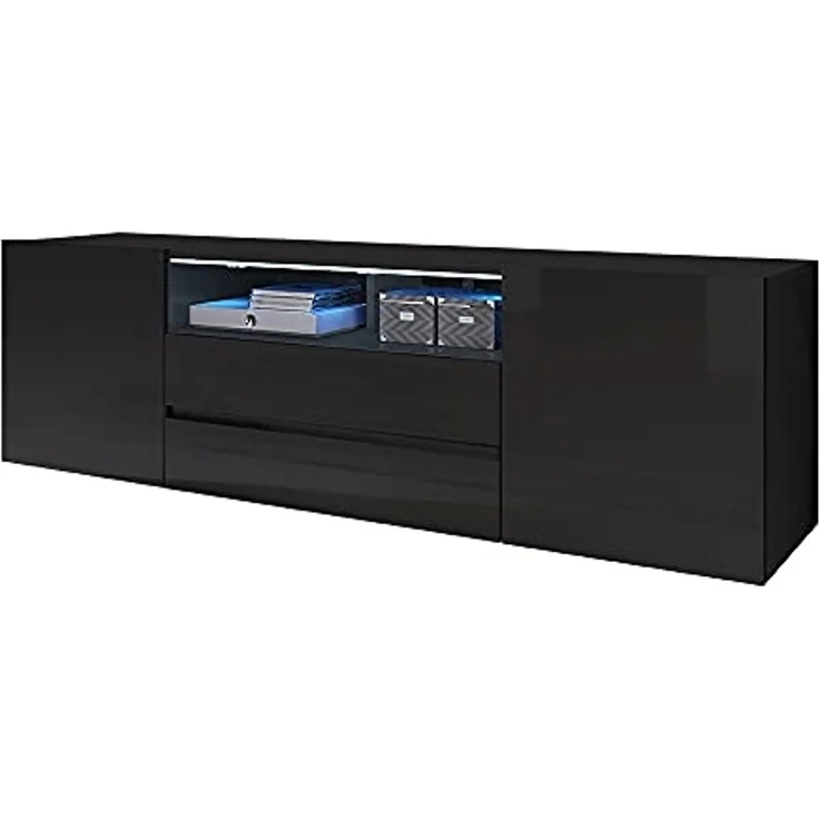 Selsey BROS – TV-Lowboard/Fernsehschrank Schwarz Matt/Schwarz Hochglanz mit LED-Beleuchtung Stehend Modern – Bild 1
