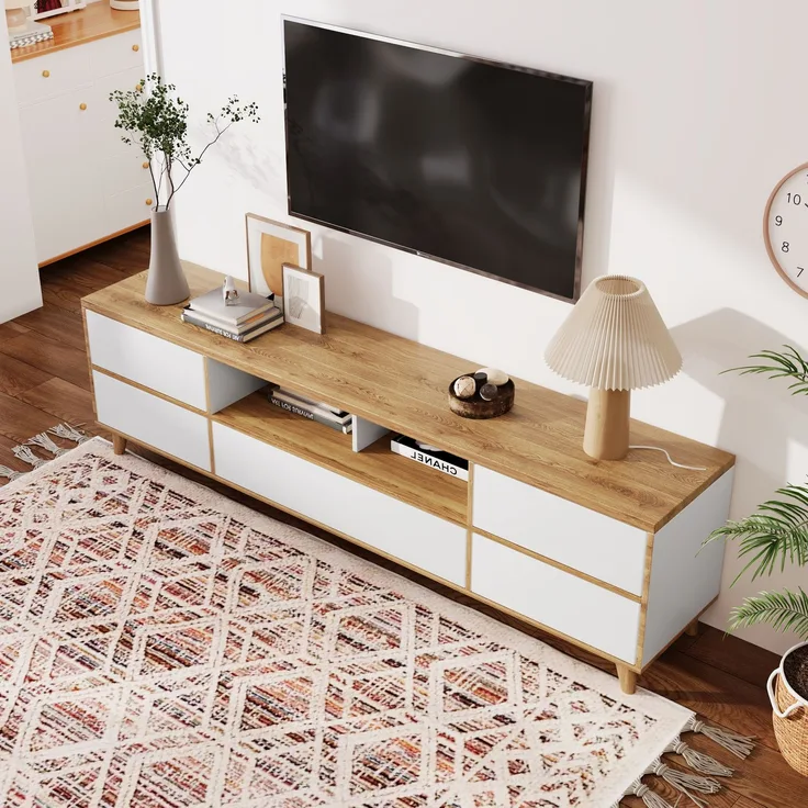 Modernes TV-Gerätemöbel - 175x37x51cm in Weiß & Holz mit praktischem Stauraum, 175 x 37 x 51 cm, Holzoptik+Weiß