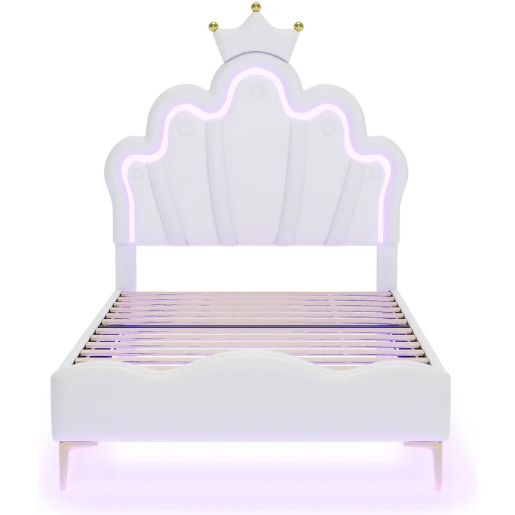 Merax Einzelbett, Polsterbett 90*200cm, Kinderbett kronenförmiges Prinzessinnenbett, weiche Polsterung aus PU-Leder, verstellbarer LED-Umgebungslichtstreifen, weiß – Bild 5