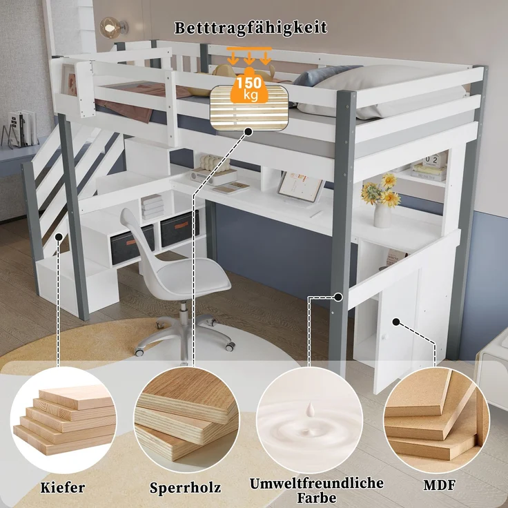 Hochbett 90x200 cm mit Schreibtisch, Stauraumtreppe und vierseitigem Rausfallschutz in Weiß-Grau, ohne Matratze – Bild 8