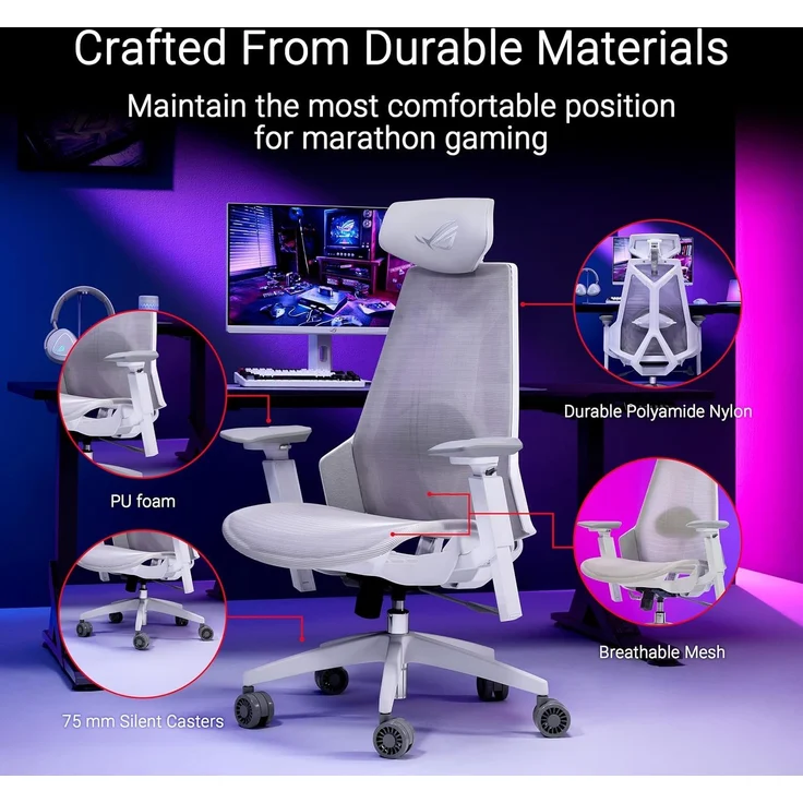 ASUS ROG Destrier Ergo Core White Gaming Stuhl (ergonomischer Gaming Chair, 360 Grad Armstützen mit bis zu 14cm Höhe für Mobile Gaming, Nylonrahmen, Mesh, Lendenwirbelstütze und Kopfstütze, Weiß) – Bild 5