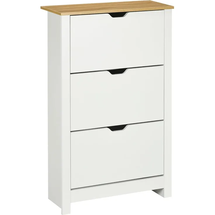 HOMCOM Schuhschrank Schuhregal mit 3 Klappen für 18 Paar Schuhe (Schuhständer, 1-St, Schuhkipper) für Flur, Eingangsbereich Weiß+Natur 72 x 26 x 112 cm
