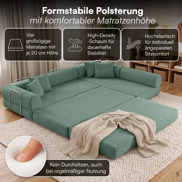 skølm 'Lofn' Modulares Sofa 4 Sitzer, 300x200 cm, Vollschaumcouch mit Metallgestell, Cord salbeigrün, Schlafsofa vakuumverpackt, kein Aufbau erforderlich – Bild 2