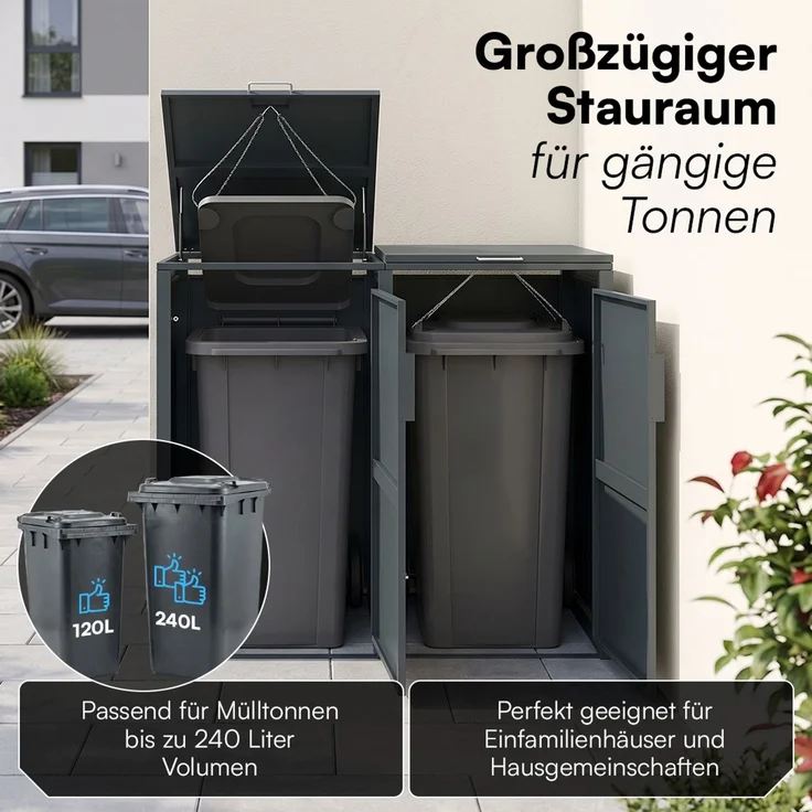 STEELSØN 'Thoria' Mülltonnenbox 2er je 240 Liter, anthrazit, Mülltonnenverkleidung aus Stahl, wetterfest, 116x80x134 cm, Müllbox für 2 Tonnen – Bild 2