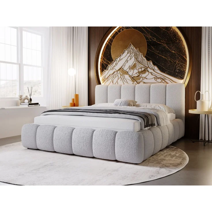 GRAINGOLD Cloud Bett 120x200, Polsterbett ohne Bettkasten, Bouclé-Stoff, mit Lattenrost, Hellgrau – Bild 1