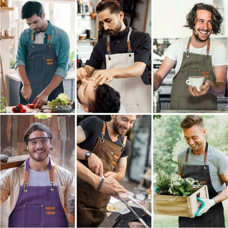 MOPUEA Kochschürze Küchenschürze Grillschürze Canvas für Männer und Frauen, (Küchenschürze Grillschürze für Kochen Grillen Handwerk, Canvas Schürze für Küche Grill Werkstatt Barista), 3 Taschen kreuz Rückenriemen strapazierfest schmutzabweisend – Bild 4