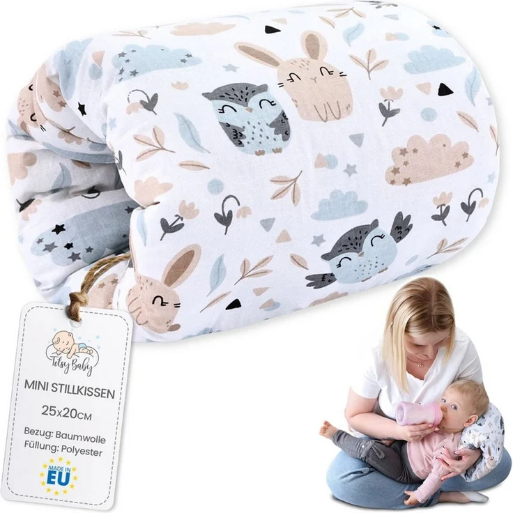 Stillkissen klein Breastfeeding und Nursing Pillow für unterwegs 20 cm - Stillmuff Armkissen und Lagerungskissen Baby Arm Still Kissen aus weicher Baumwolle Oeko-Tex Eulen Weiß – Bild 1