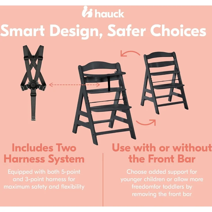 Hauck Kinder Hochstuhl Alpha+ - Mitwachsender Holz Babystuhl (FSC zertifiziert), Kinderhochstuhl ab 6 Monate, verstellbar, mit Schutzbügel, Schrittgurt und 5-Punkt-Gurt - Schwarz – Bild 7