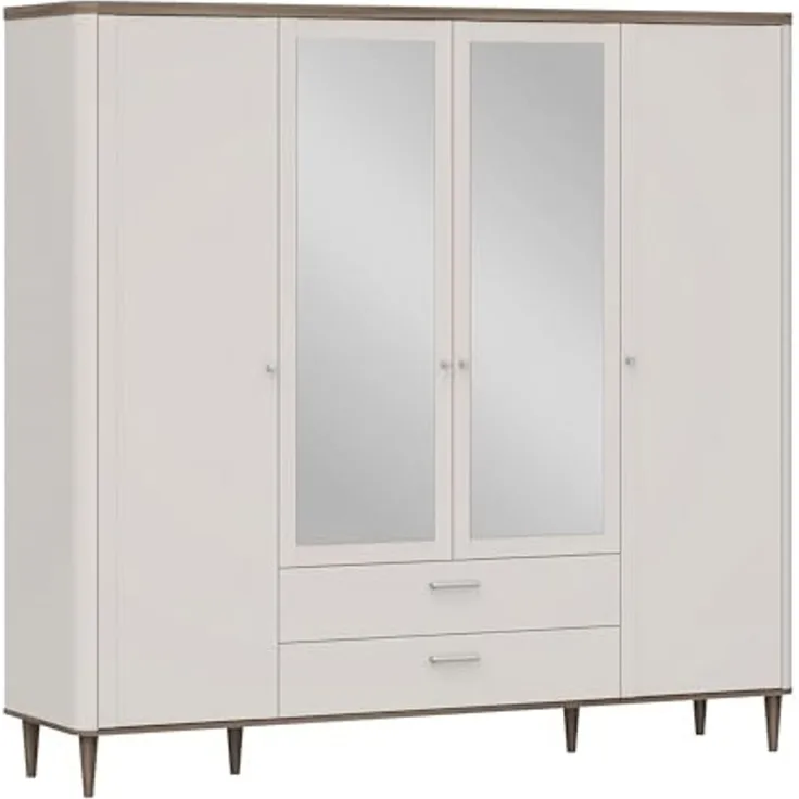 Forte LACETTI Kleiderschrank 200 210, eleganter Schrank mit Spiegel, 4-türig, 2 Schubladen, hohe Beine, Kaschmir-Beige-Valencia Eiche Holzdekor, 209,5 cm breit x 200,5 cm hoch x 52,7 cm tief