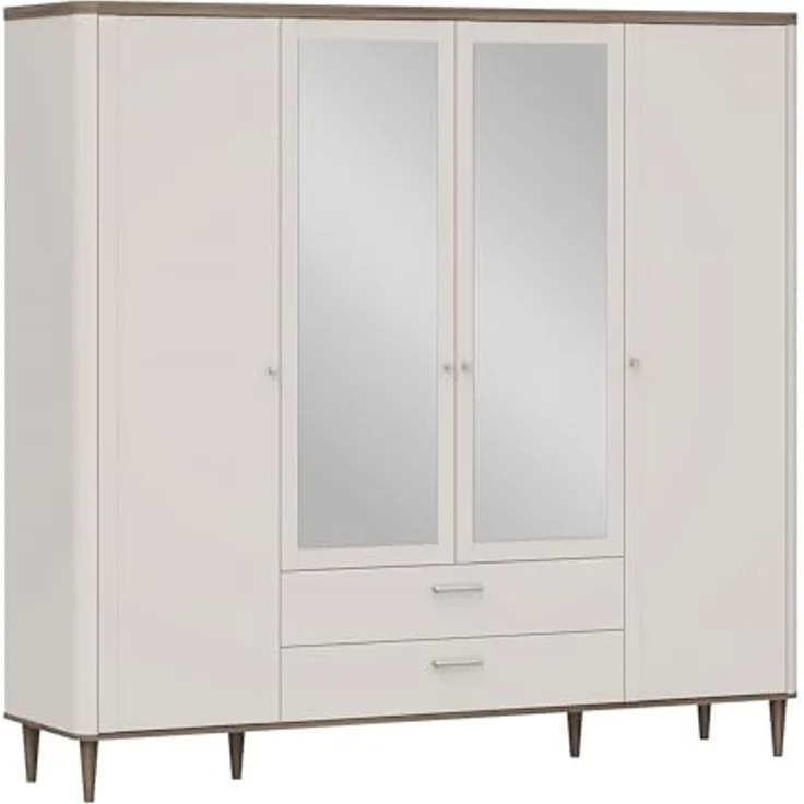 Forte LACETTI Kleiderschrank 200 210, eleganter Schrank mit Spiegel, 4-türig, 2 Schubladen, hohe Beine, Kaschmir-Beige-Valencia Eiche Holzdekor, 209,5 cm breit x 200,5 cm hoch x 52,7 cm tief – Bild 1