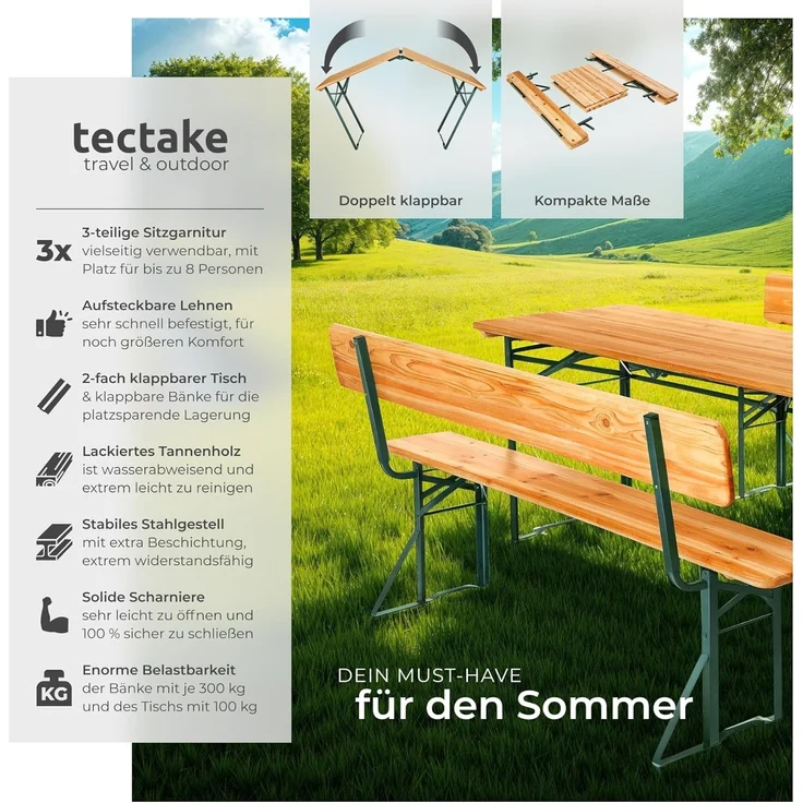 tectake® Bierzeltgarnitur mit Lehne, Biertisch Klapptisch mit 2X Sitzbank mit Lehne, Gartenmöbel Set, Camping Zubehör, Klapptisch Esstisch, Camping Tisch faltbar, Balkontisch, Campingtisch klappbar – Bild 2