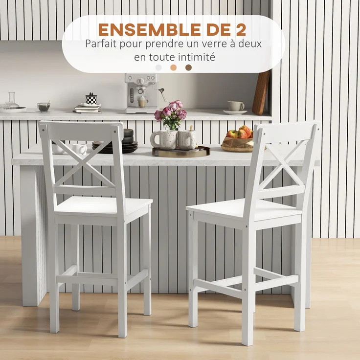 2er-Set Hochstühle, Barhocker im Country-Chic-Stil aus Holz, Höhe 60 cm, mit Fußstütze, weiß – Bild 6