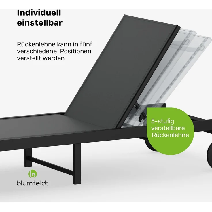 Blumfeldt Lucca Sonnenliege - Verstellbare Rückenlehne, Wetterfest & Leicht, Garten & Balkon Liegestuhl, 120kg Kapazität, Aluminiumrahmen, ComfortMesh, 5 Positionen, 8,1kg, Dunkelgrau – Bild 7