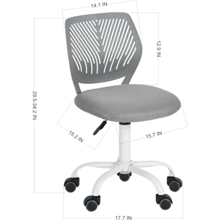 FurnitureR Bürostuhl für Teenager, Mädchen, 360° drehbar, niedrig, mittelgroß, PP-Mesh-Rückseite, Stoff, höhenverstellbar, Rollrolle, Stoff grau – Bild 2