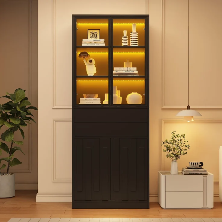 ZUBALIYA Hochschrank mit Glasschranktüren / Hochschrank Glasvitrine mit LED, mit küche und arbeitszimmer, 70 x 34 x 180 cm LED Display Vitrine Mit 2 Schubladen, Schwarz, fürs Wohnzimmer – Bild 21