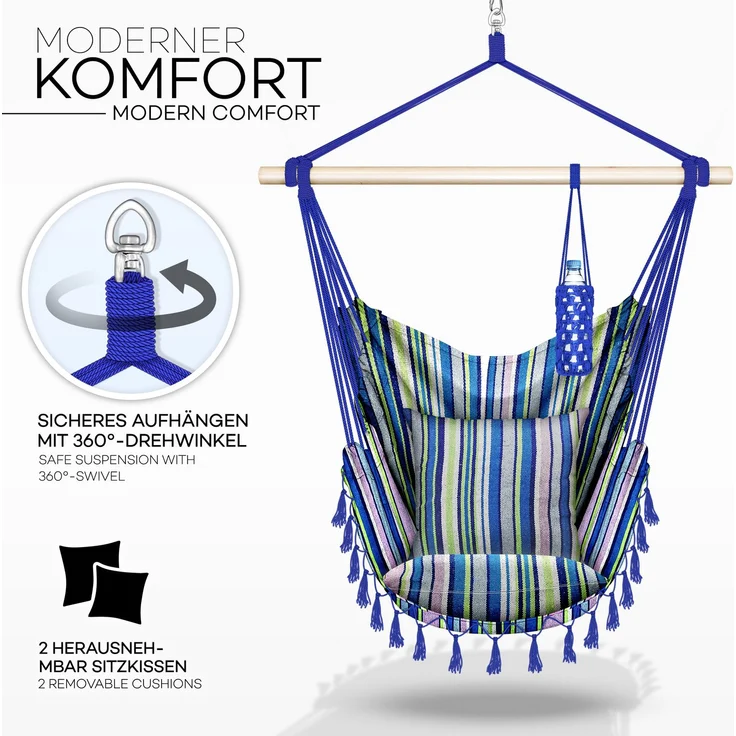 tillvex Hängesessel Bunt 2 Kissen zum Aufhängen | Hängestuhl mit Getränkehalter & Bücherfach | Hängesitz wetterfest - Indoor & Outdoor | Hängekorb mit Tragetasche für Erwachsene & Kinder – Bild 2