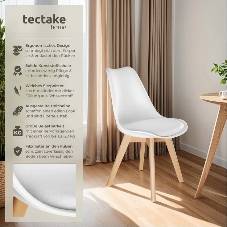tectake Esszimmerstuhl Küchenstuhl Scandi-Design, gepolsterte Sitzfläche, 49 x 53 x 82 cm (Polsterstuhl Frederikke in weiß, 6 St), ergonomische Form, massive Holzbeine, bodenschonende Filzgleiter – Bild 2