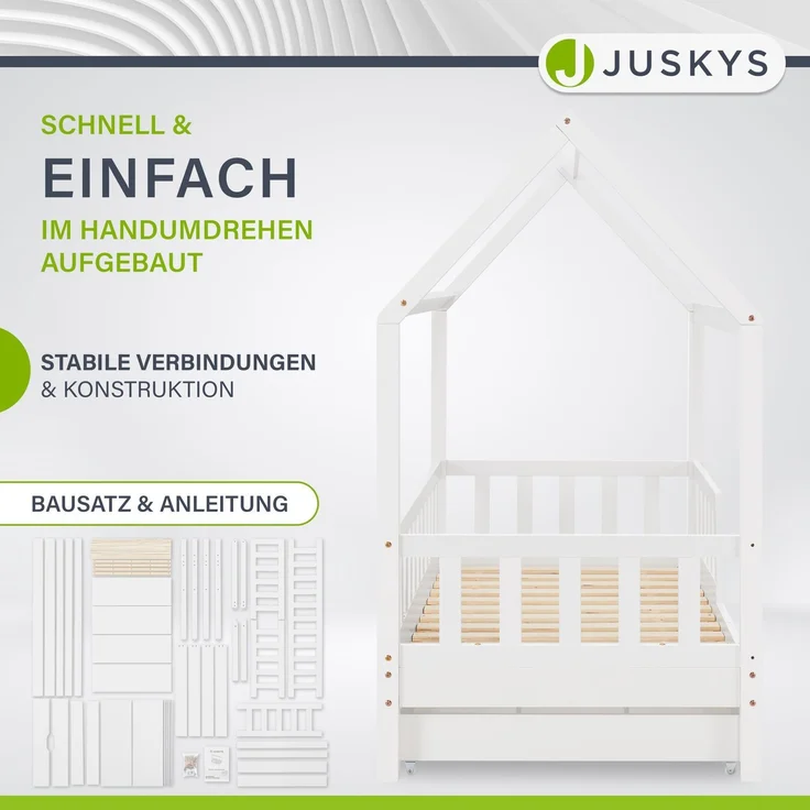 Juskys 'Marli' Kinderbett, mit Matratze, Bettkasten, Rausfallschutz, Lattenrost & Dach - Massivholz Hausbett für Kinder - Bett in Weiß, 80x160 cm – Bild 4