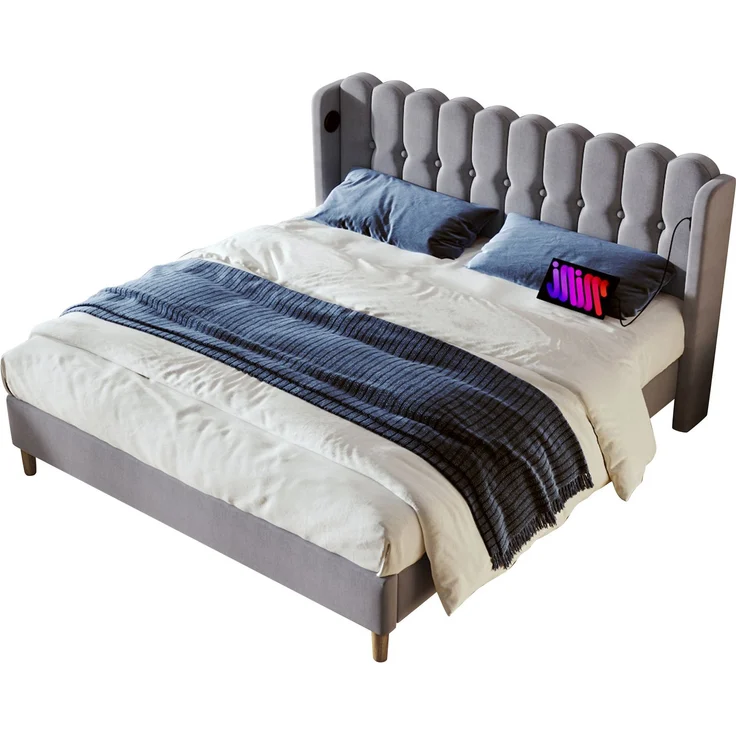 Einzelbett 180x200 cm Grau Leinen mit USB & Type-C Ladeanschluss,gepolstertes Kopfteil,Design-Paneel,stabiler Rahmen – Bild 8