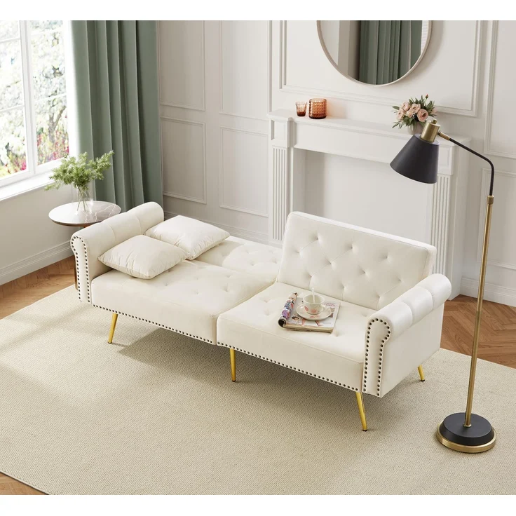 Schlafsofa mit unabhängig verstellbarer Doppel-Rückenlehne, eleganter Samtstoff, vergoldete Metallfüße,mit 3-facher Rückenverstellung – Bild 4