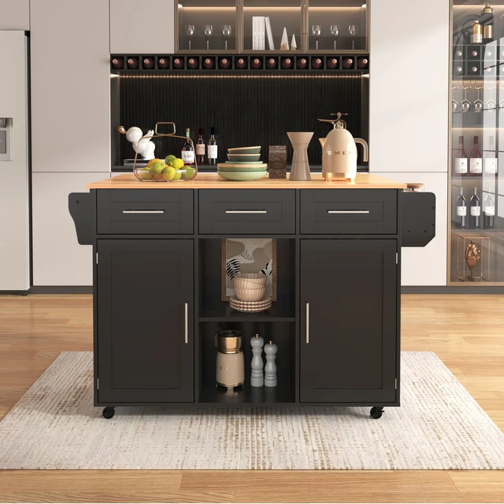 Küchenwagen mit klappbarer Arbeitsplatte & Stauraum, 139x46(71)x91,5 cm, Schwarz/Natur – Bild 1