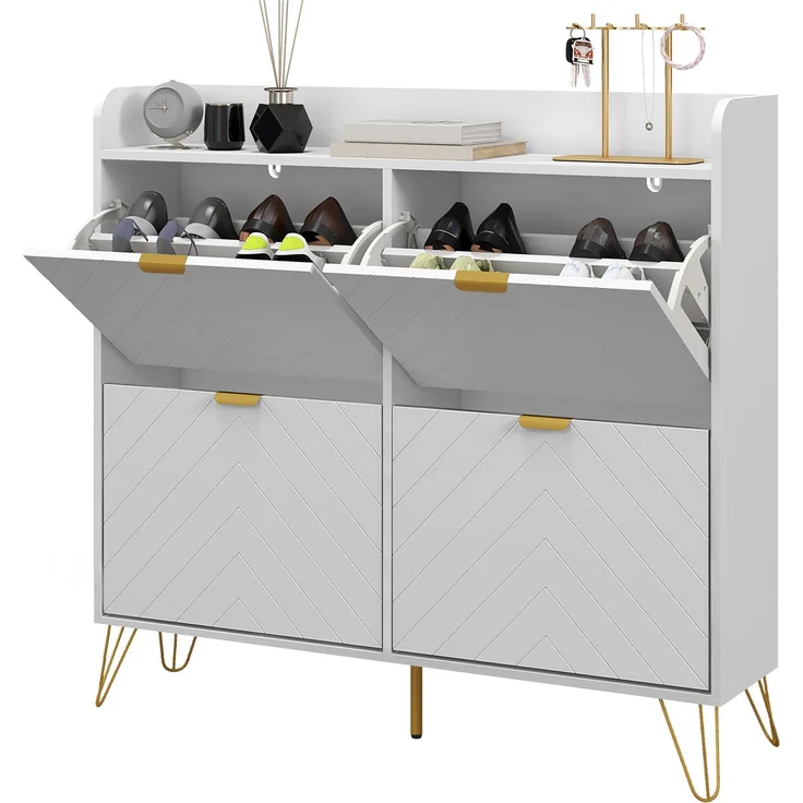 Schuhschrank mit 4 Klappen, mit verstellbarem Einlegeboden, Schuhaufbewahrung 106 x 24 x 102 cm, weiß – Bild 2