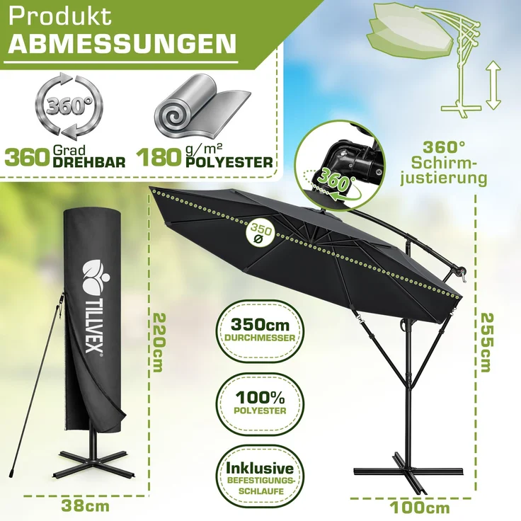 tillvex Sonnenschirm Anthrazit Ø 350 cm Ampelschirm Gartenschirm Marktschirm Kurbel Balkon Alu Neigbar Anthrazit - Ø350cm – Bild 2