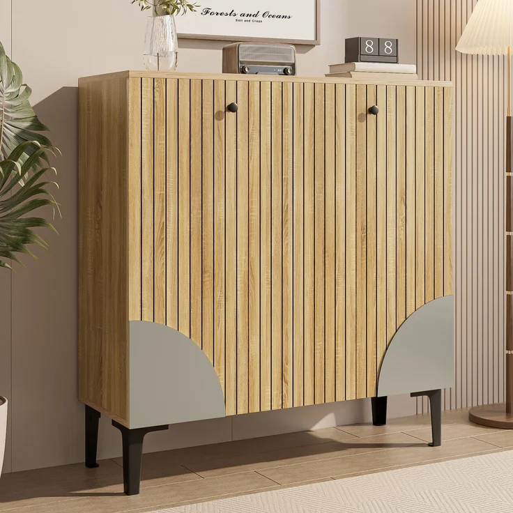 Schuhschrank in Holzoptik mit 3 Türen & Ablage, 90x32x94 cm, Holzfarbe, mit PVC-Beinen – Bild 3