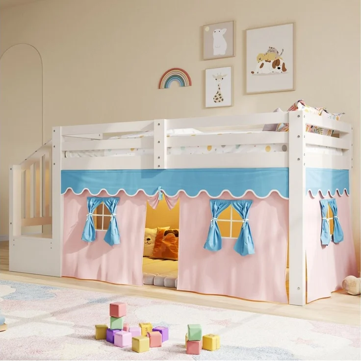 Flieks Kinderbett, Halbhohes Bett 90x200cm mit Verdunkelungsvorhänge und LED-Lichtleiste – Bild 3
