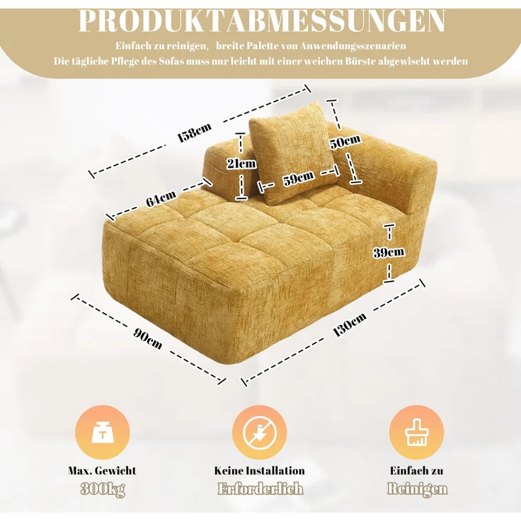 Chaiselongue-Sofa aus Chenille mit Seitentaschen & Kissen, 158x90x60 cm, Gelb – Bild 4