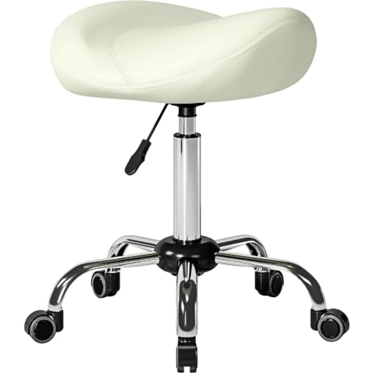 HOMCOM Rollhocker Höhenverstellbar 55-71 cm Sattelhocker Cremeweiß | Drehhocker, Arbeitshocker, 360° Drehbar, Bürohocker, Dick Polster, für Büro Salon Massage Spa – Bild 1