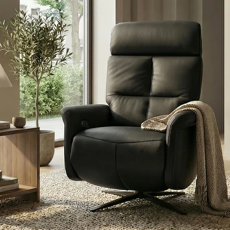 Relaxsessel HWC-L10, TV-Sessel Liegesessel, Liegefunktion drehbar, elektrisch verstellbar Voll-Leder ~ schwarz