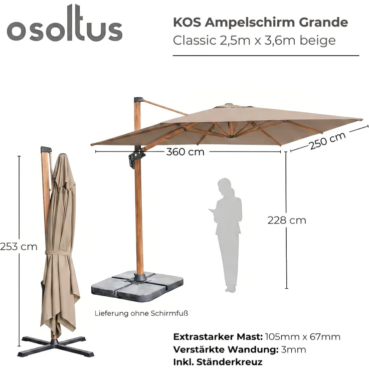osoltus KOS Ampelschirm Alu Wood beige 350x260cm axial schwenkbar – Bild 3