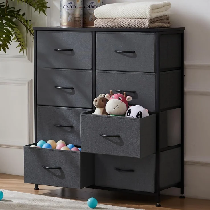 DUMOS Kommode für Schlafzimmer mit 8 Stoffschubladen hohe Kommode Organizer für Kleidung Schrank Kinderzimmer Aufbewahrungsturm mit Schrank Metallrahmen Holzplatte leichte Kinderzimmermöbel – Bild 2