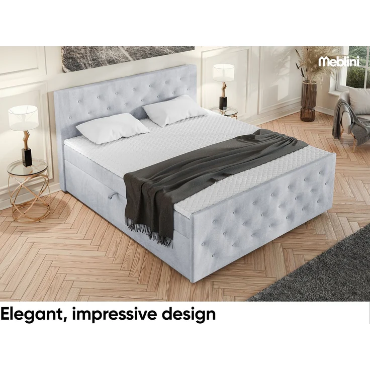 MEBLINI Boxspringbett PEDRO 160x200cm - H3B/Hellgrau Samt - mit Bettkasten - Polsterbett - Doppelbett mit Topper & Bonellfederkern-Matratze – Bild 4