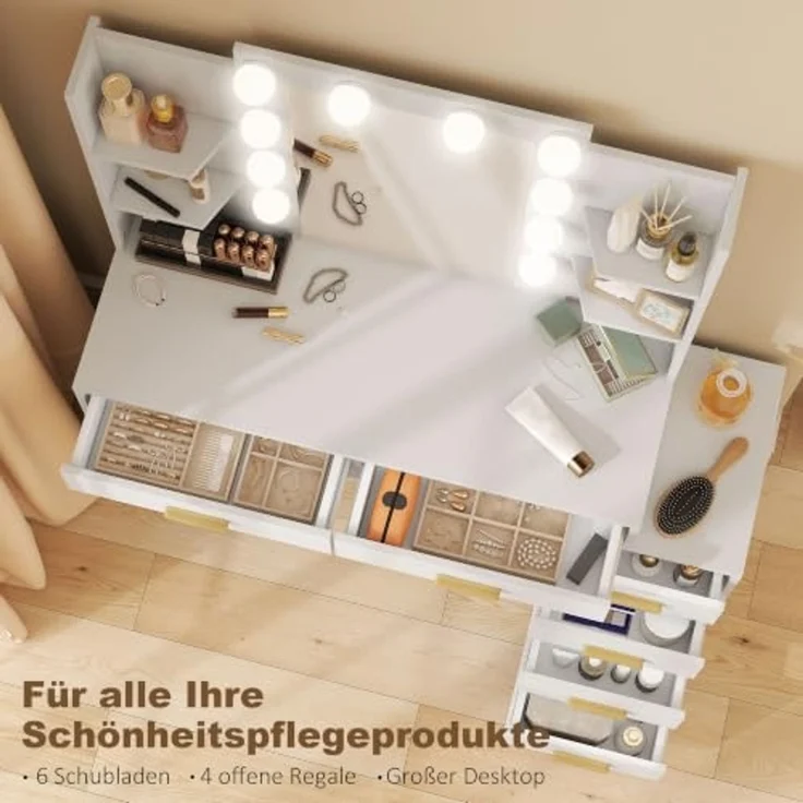 HOMCOM Schminktisch LED-Beleuchtung, 3 einstellbare Lichtfarben, Hocker, Glühbirnen (Frisiertisch, 2-St, Kosmetiktisch), mit Spiegel, 6 Schubladen, 4 offenen Ablagen – Bild 5