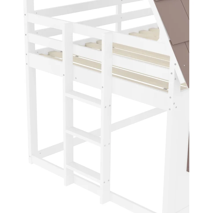 Holzhaus-Etagenbett 140x200 cm mit Dach, Leiter und Rutsche, Haus-Design, Weiß+Braun – Bild 9