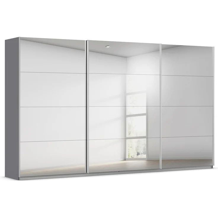 Rauch Möbel Kulmbach, Kleiderschrank mit Schwebetüren für Schlafzimmer, Kinderzimmer, Flur, 3-türig, mit Spiegel und Soft-Close-Funktion, Zubehör Premium, Farbe Grau metallic, Schwarz, Breite 360 cm