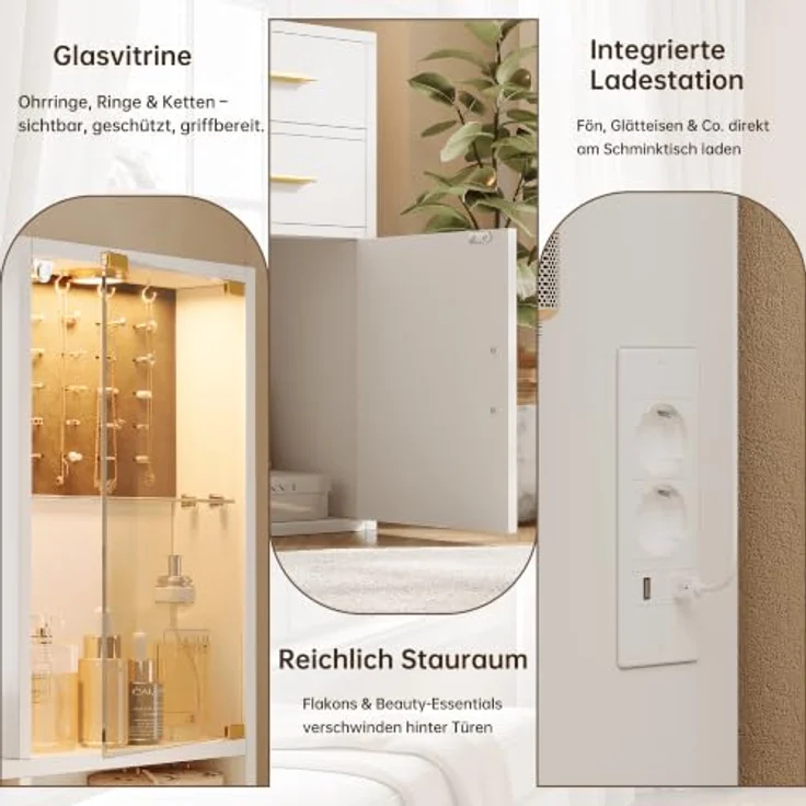 IRONCK Schminktisch mit LED-Spiegel, 3 Lichtfarben & dimmbarer Beleuchtung | Schminktisch mit Glasvitrinen, Schubladen, Schrankfächer, Föhnhalter, offenen Ablagen, Ladestation( 2AC+ USB-A + USB-C), Weiß – Bild 7